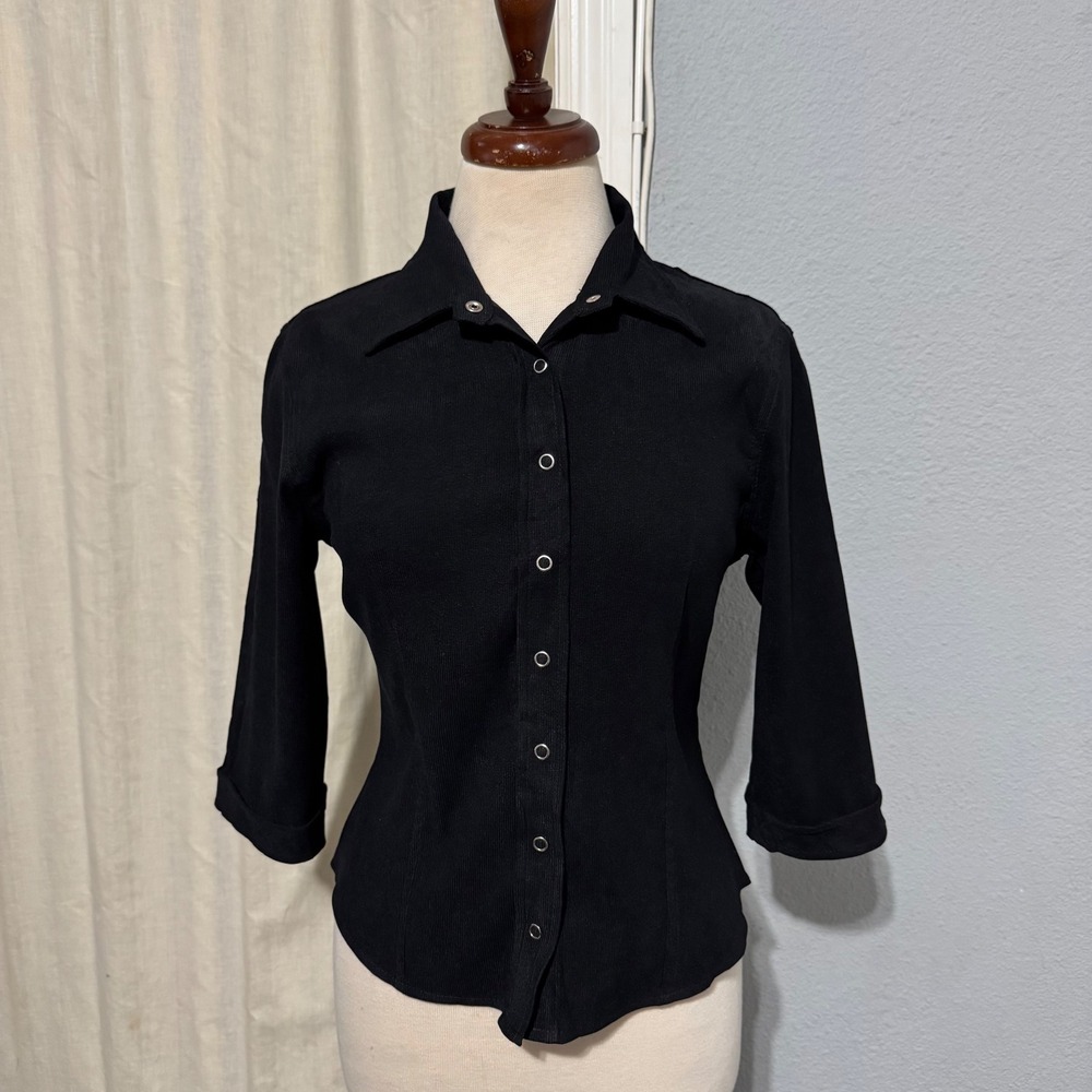 Aqua‎ Blues Black Corduroy Button Up Collared 3/4 Sleeve Career Shirt Womens M
